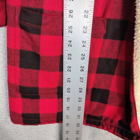 Eddie Bauer Cardigan Women Small Red Black Buffalo Check Sherpa Lined Open Front - Picture 7 of 13